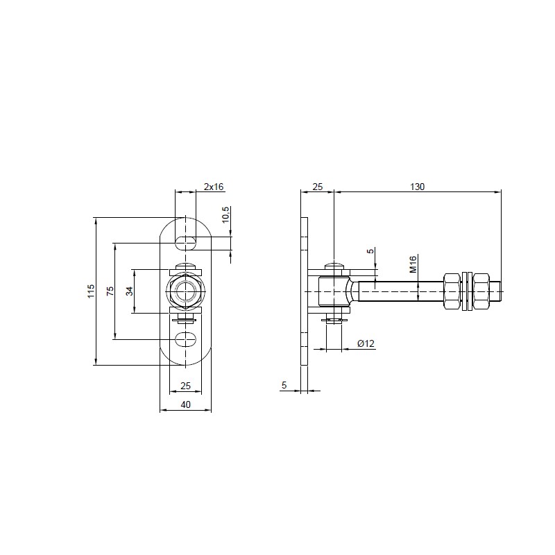 Zawias regulowany przykręcany M16 L-130 40x115x5mm