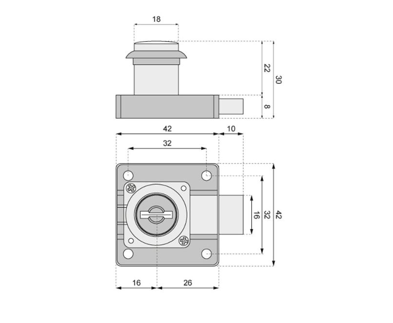 Zamek meblowy kwadratowy ATM ZB-300 S1 pod jeden wzór klucza A020